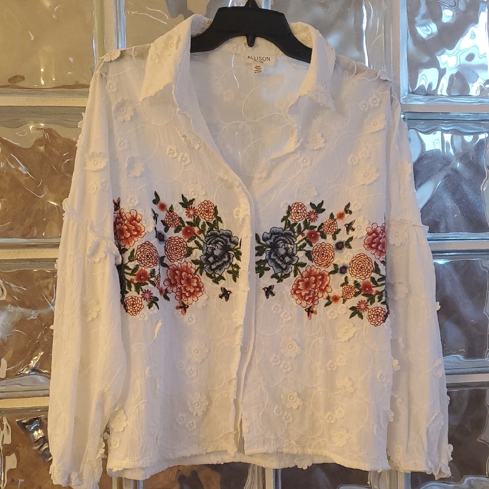 Allison White Floral  Embroidered Button Down Shirt